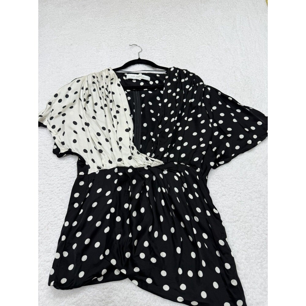 Zara Top Women Black Polka Dot V Neck Boho Preppy Tropical Vacay Size Large